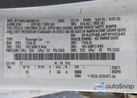 2015 Ford Fiesta Se from USA, damaged, VIN 3FADP4BJ4FM160243